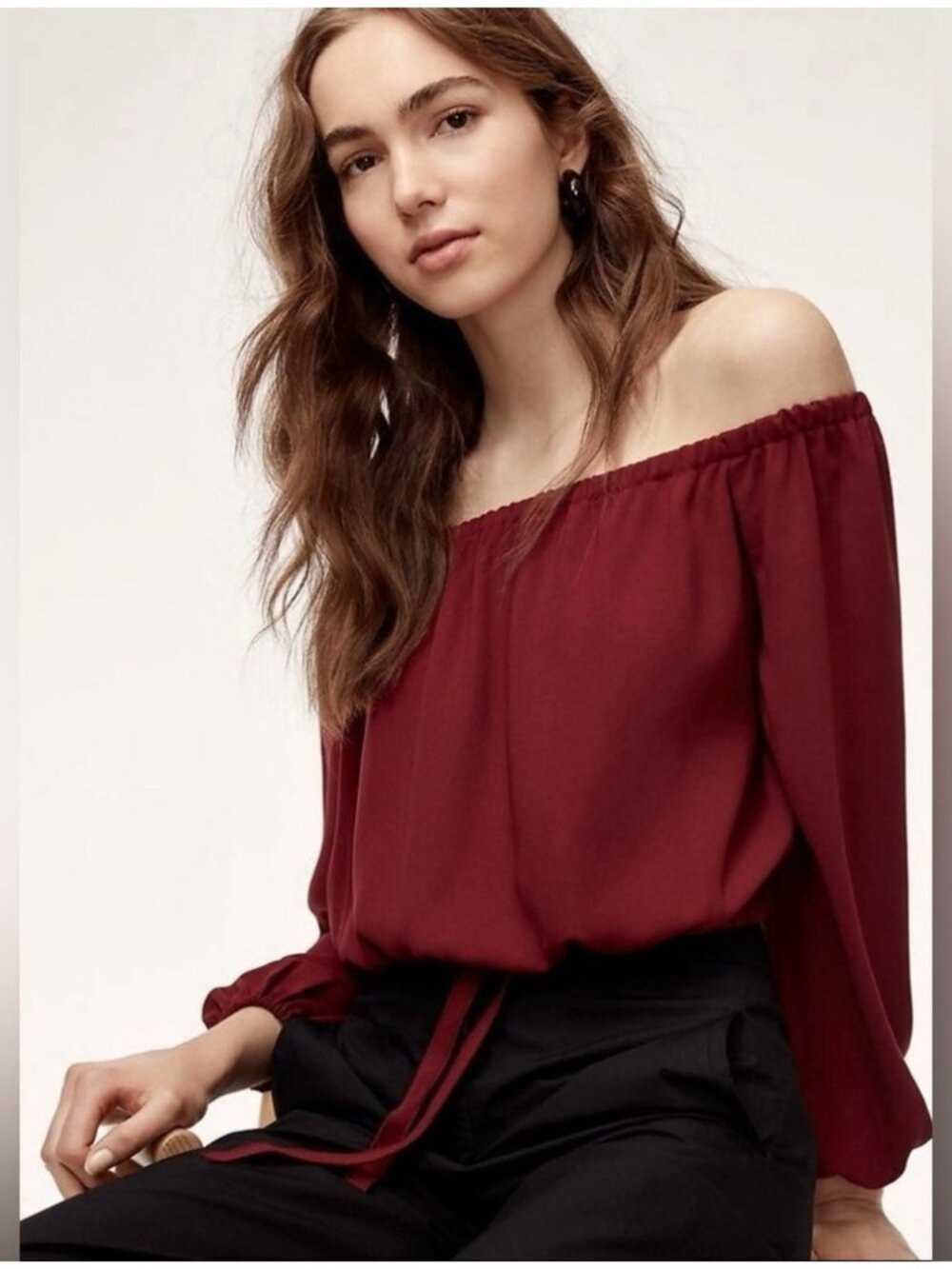 Aritzia Wilfred Eleanor Blouse, Burgundy Red, Off Shoulder, Long Sleeve Medium